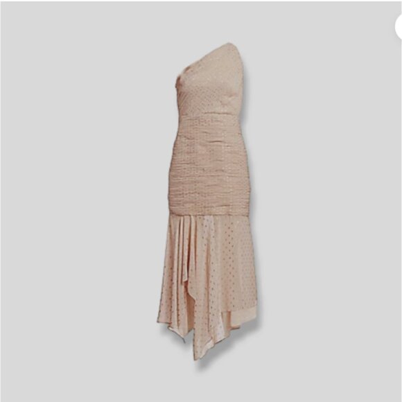 HALSTON One Shoulder Pleated Metallic Chiffon Dress, Champagne Gold, 8 - Picture 2 of 7